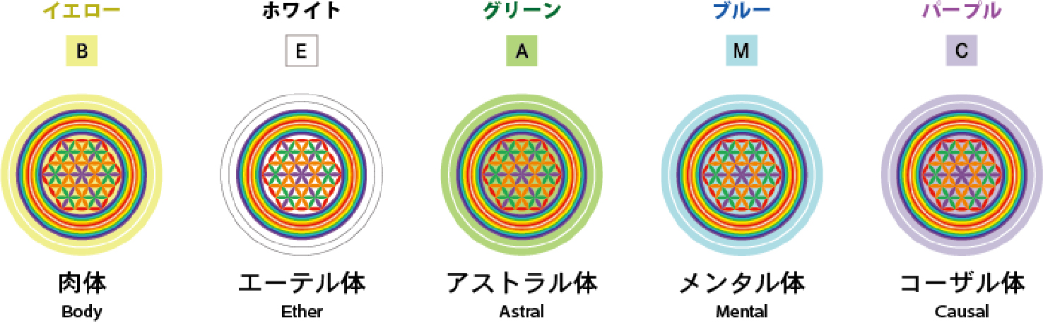 5種類のパッチ（イエロー B 肉体／ホワイト E エーテル体／グリーン A アストラル体／ブルー M メンタル体／パープル C コーザル体）